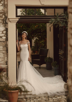 Short Sleeves Ivory Glitter Lace Tulle Anniversary Wedding Dress